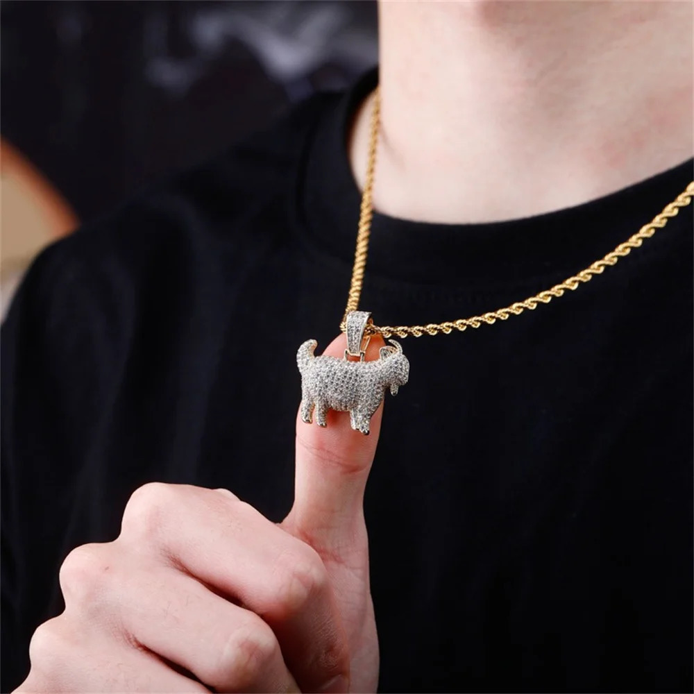 Fashion HipHop Animal Goat Pendant Necklace For Men Cuban Chain Iced Out Bling Micro Paved CZ Necklaces Punk Rock Biker Jewelry 251024