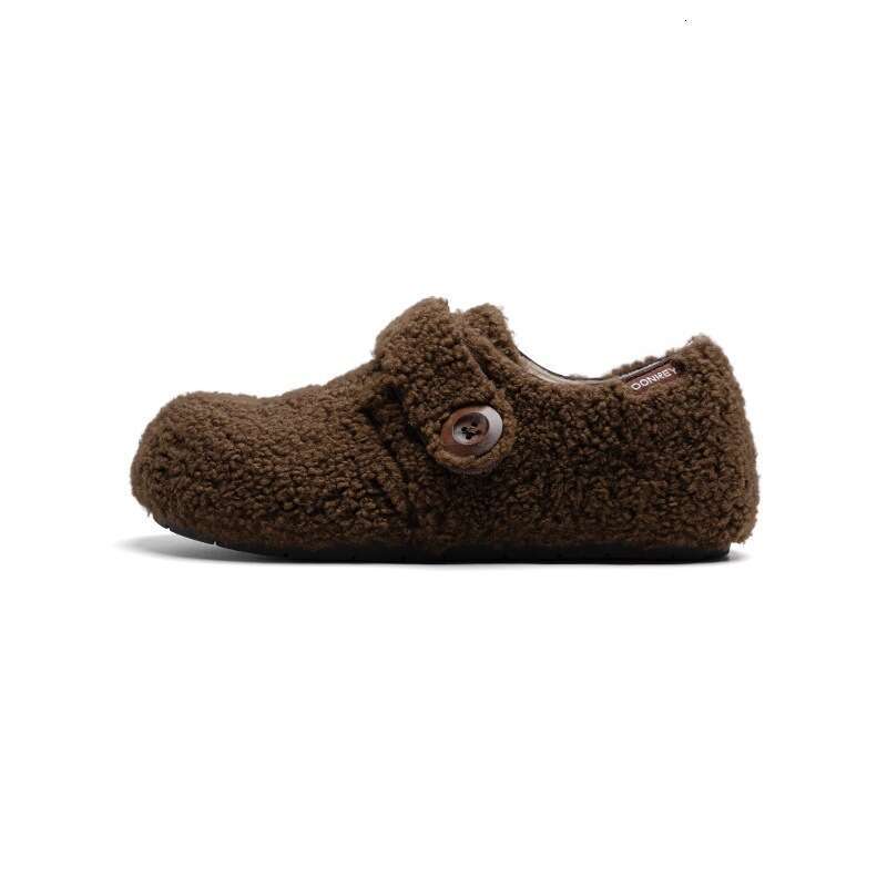 Brown Lamb Wool for Autumn and Winter 2025 New Style Fleece-Lined Warm Cotton Shoes Flat Loafers