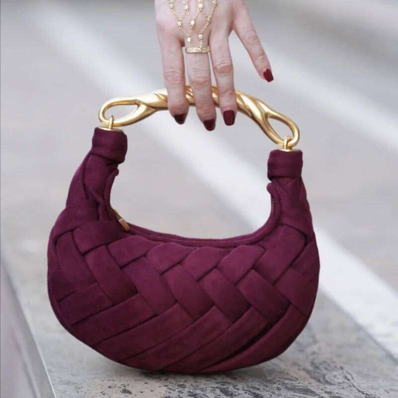 Vintage Faux Suede Hand-Woven Slim Shell Bags For Women Designer Handbag Purse 2025 New In PU Metal Handle Small Shoulder