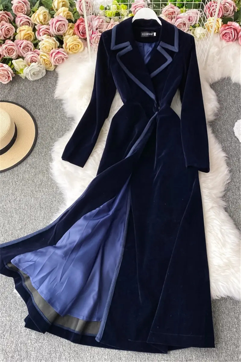 Womens Black Velvet Blazer Dress Long Over the Knee Temperament Maxi Windbreaker Jacket Slim Coat Autumn Winter Fashion M1180 251027