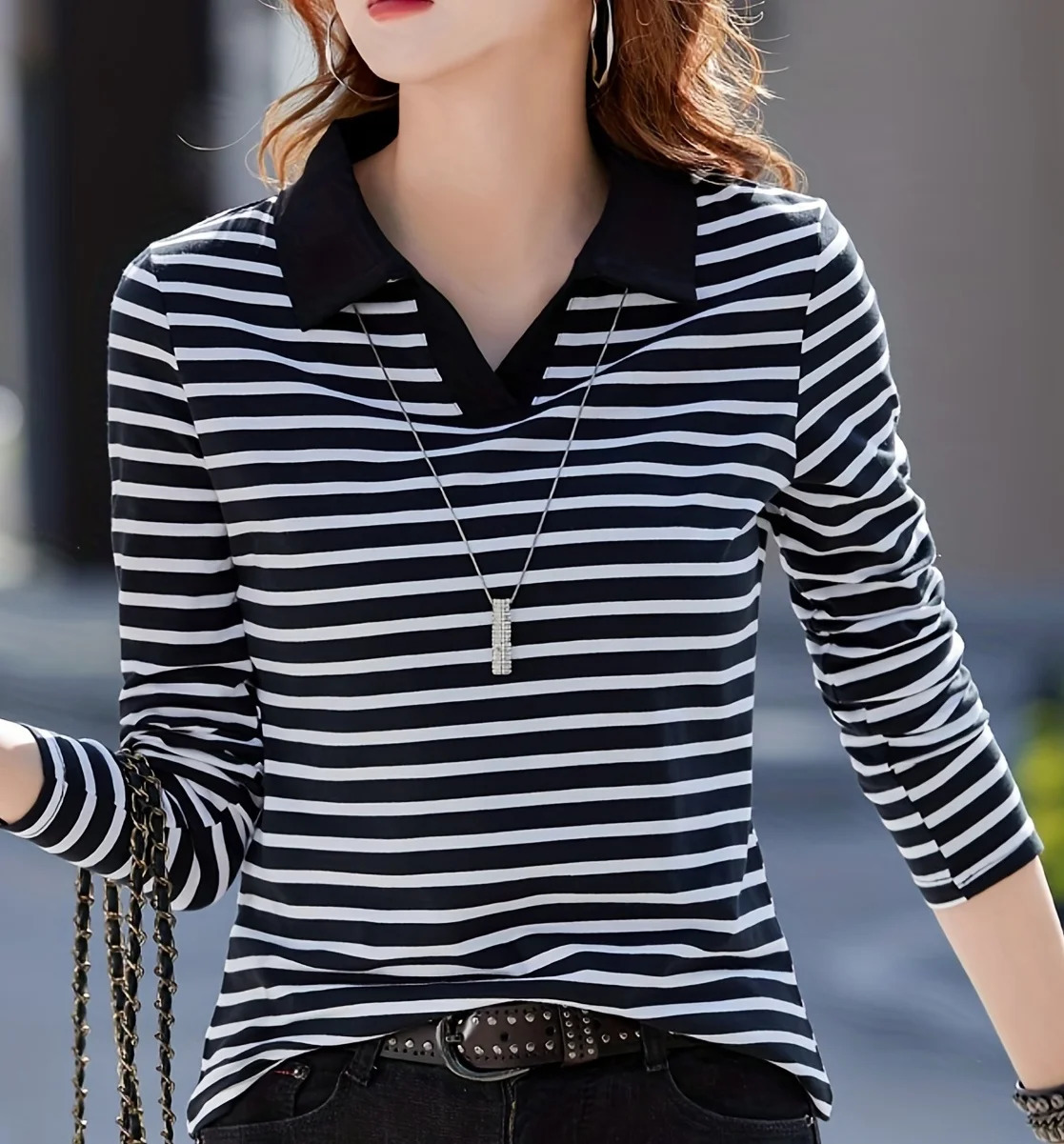 Womens striped pattern solid color lapel longsleeved POLO shirt casual daily knitted top machine washable not dry 251027