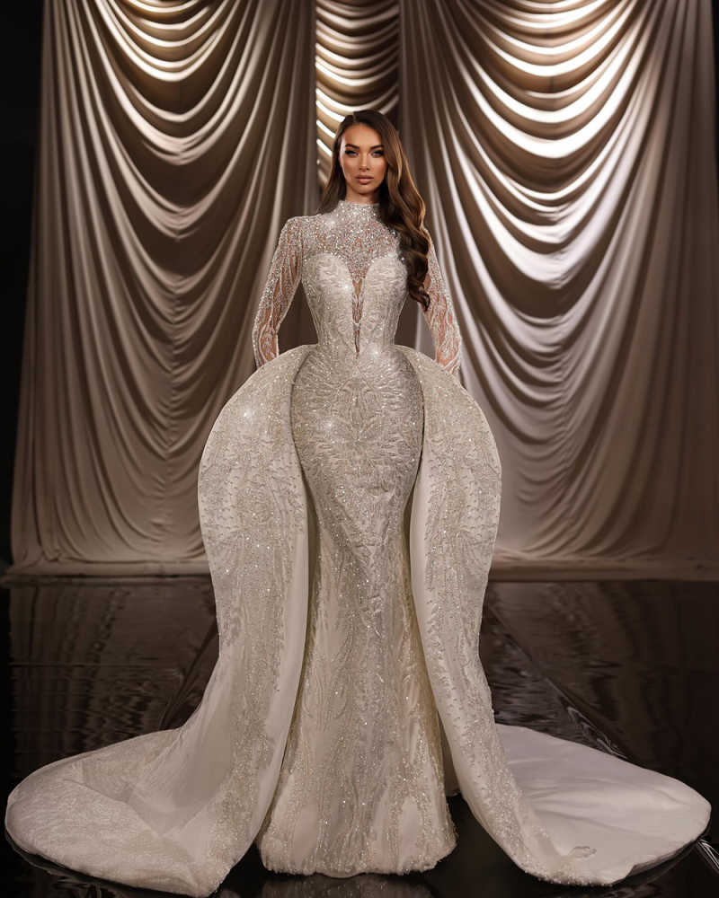 Modern Mermaid Wedding Dress High-Neck Bridal Shine Sequin Gowns Dress Appliques 3D-Lace Vestina De Novia Plus Size Customized L252805