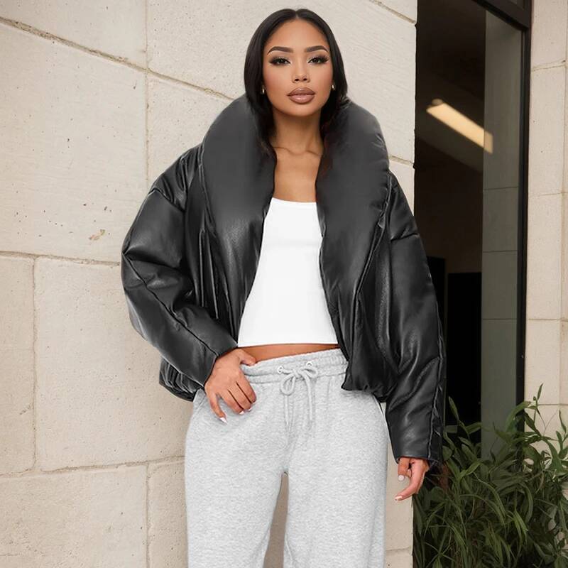 winter jacket women CUTENOVA Women'S Fall/Winter New Arrival Leather-Trimmed Stand Collar Solid Color Loose-Fit Cropped Crop Top Cotton Jacket