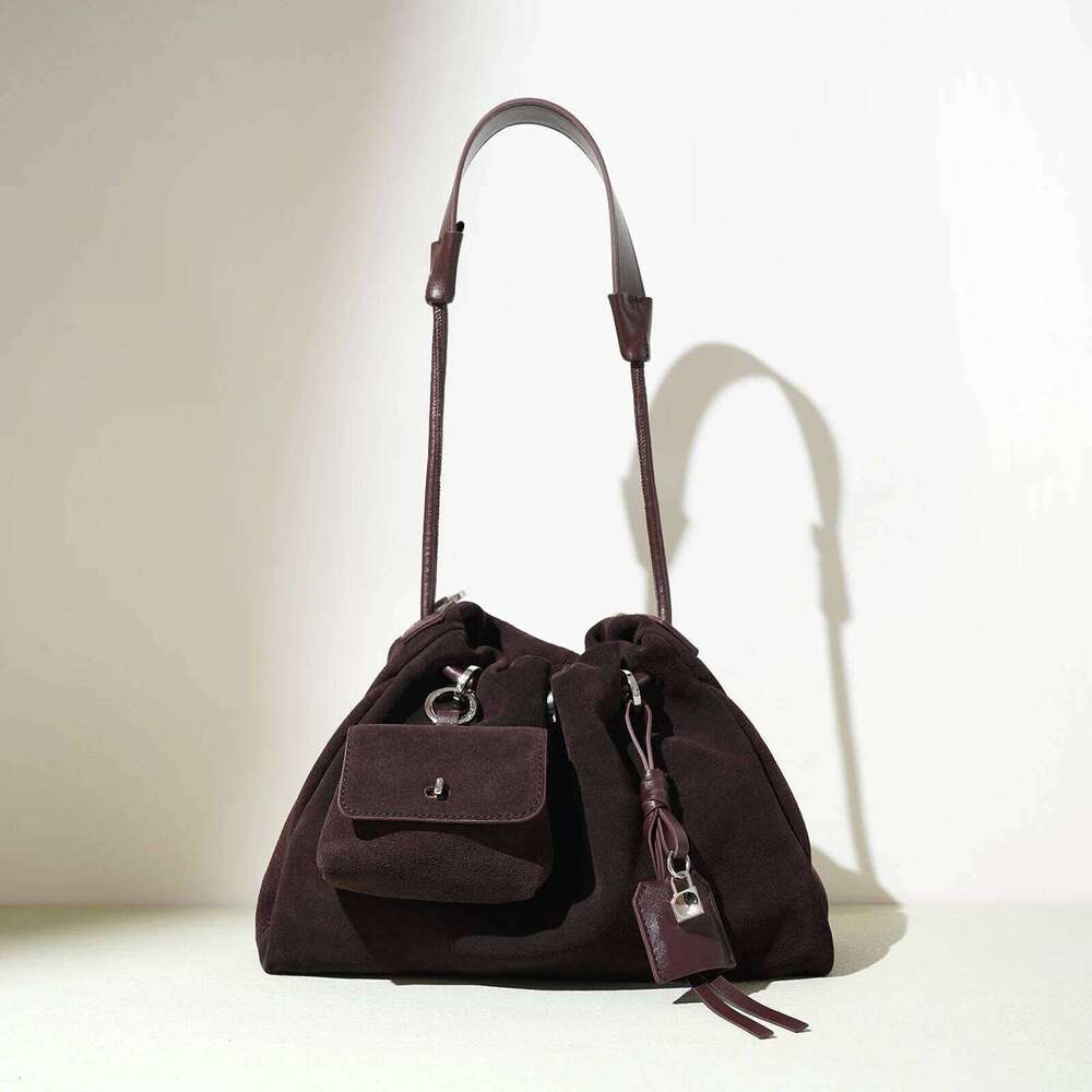 Designer Cowhide Suede Crossbody Shoulder Bag,Genuine Leather Drawstring Lucky Handbag,Women Casual Cloud Pleated Sling Bag