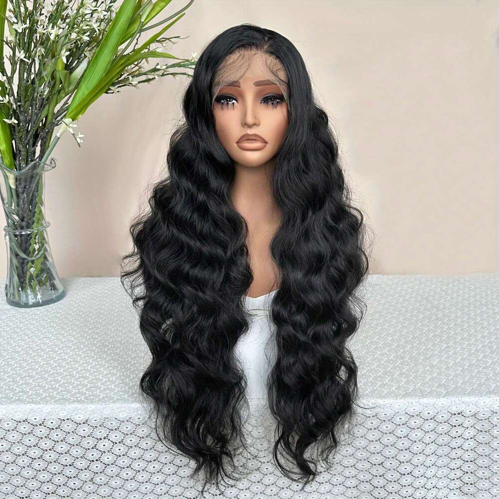Daily Wear Elegant 32" Black Body Wave Lace Front Wig Women 13X6 Transparent, Adhesive Synthetic Hair With Loose Waves, Perfect