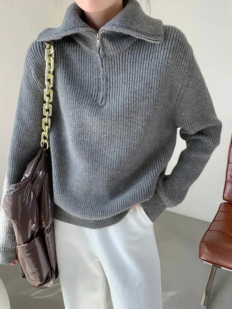 Casual Long Fashion Zippers Sweaters Winter Womens Turtleneck Knitted Oversized Solid Gray Black Sleeve Pullovers for Women 251027