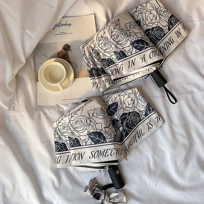 High Appearance Level Retro French Black and White with Girls Sunshade UV Triple Fold Automatic Clear Umbrella C251027