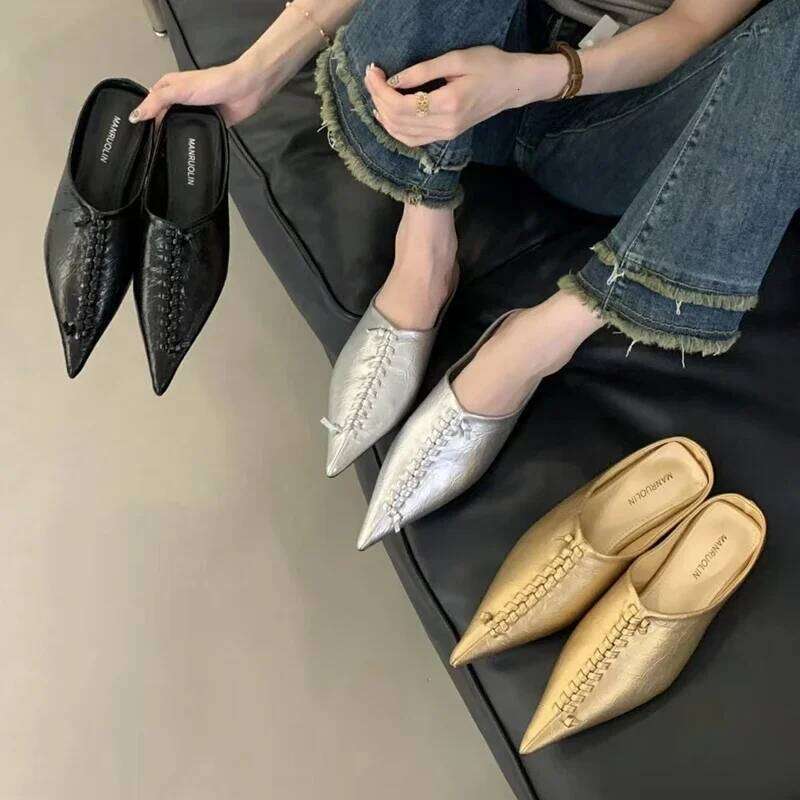 Gold Designer Slippers Women Mules Shoes Pointed Toe Slides Shallow Fashion Summer New Brand Sandals Ladies Sandalias De Mujer