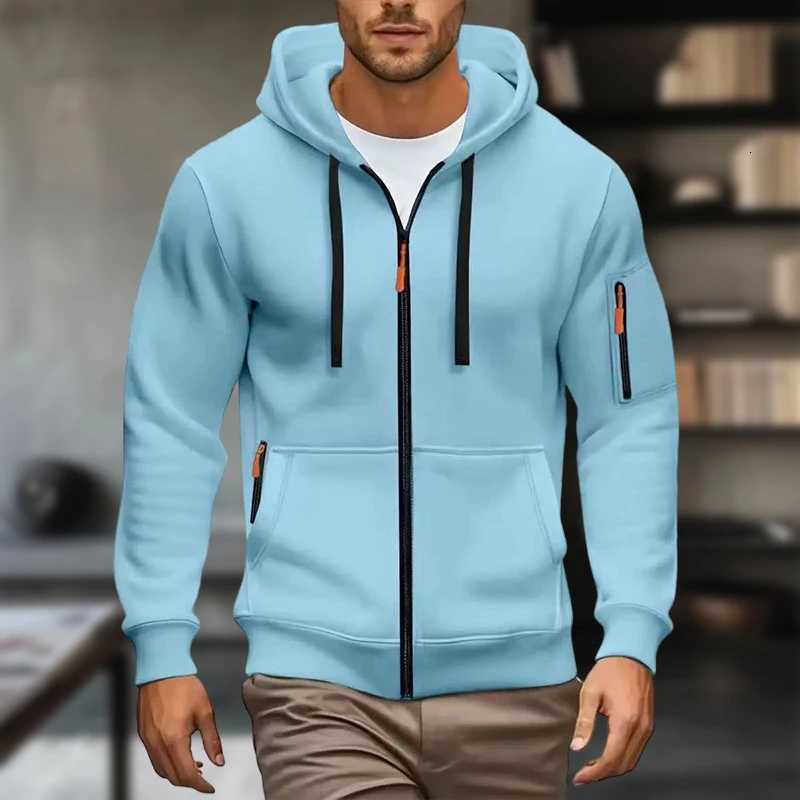 Mens solid color zipper hoodie with side pockets fashionable long sleeves casual wear full zipper opening and closing sof W251027
