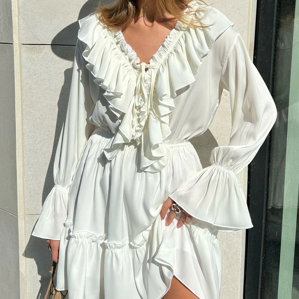Talenza White Ruffle Bandage Mini Dress Womens Elegant Patchwork Long Sleeve Dress Slim V Neck Lace Up Summer Mini Dress 251027
