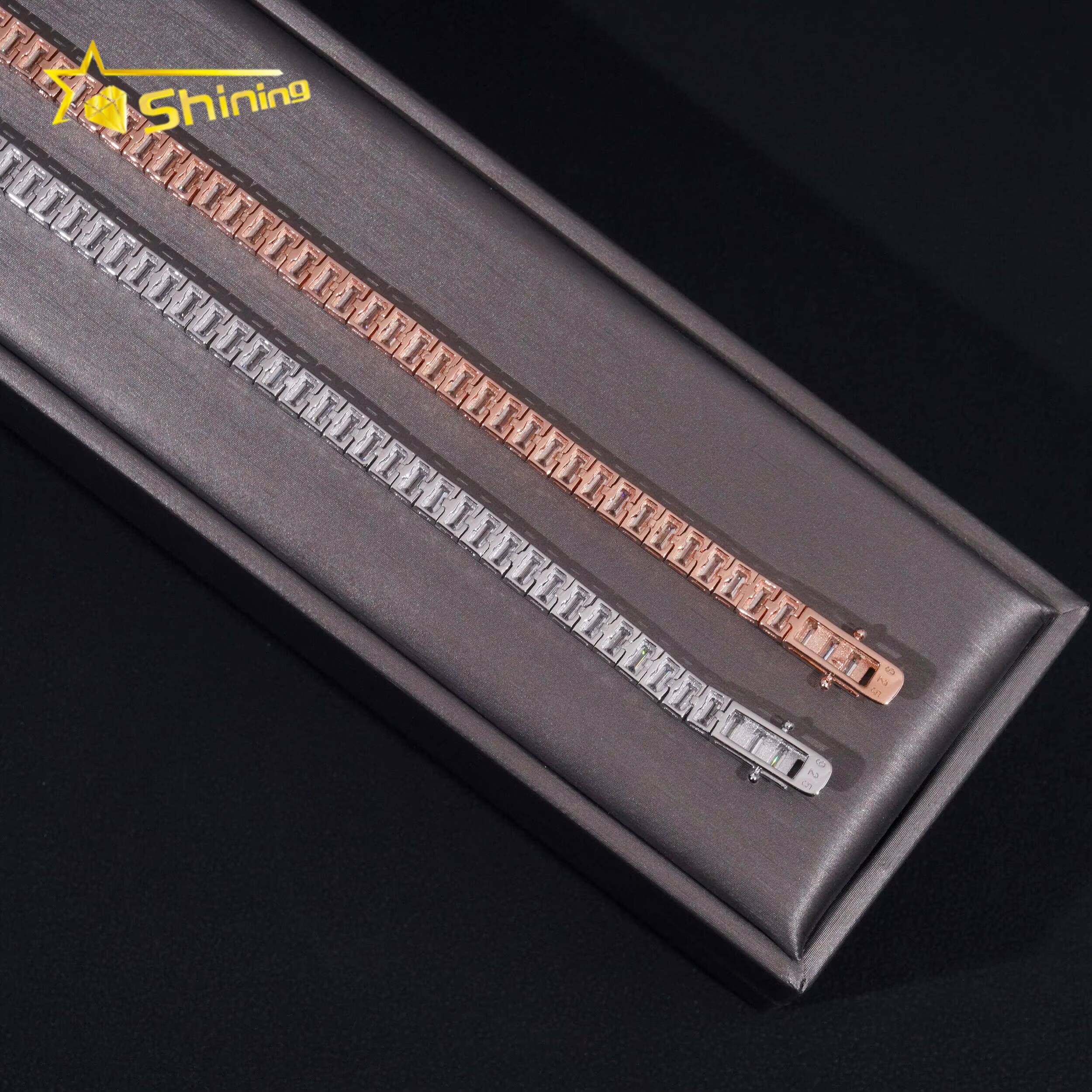 New Trendy Design Fine Jewelry Women Bracelet 925 Sterling Silver Bezel Emerald Cut Moissanite Tennis Chain Bracelet