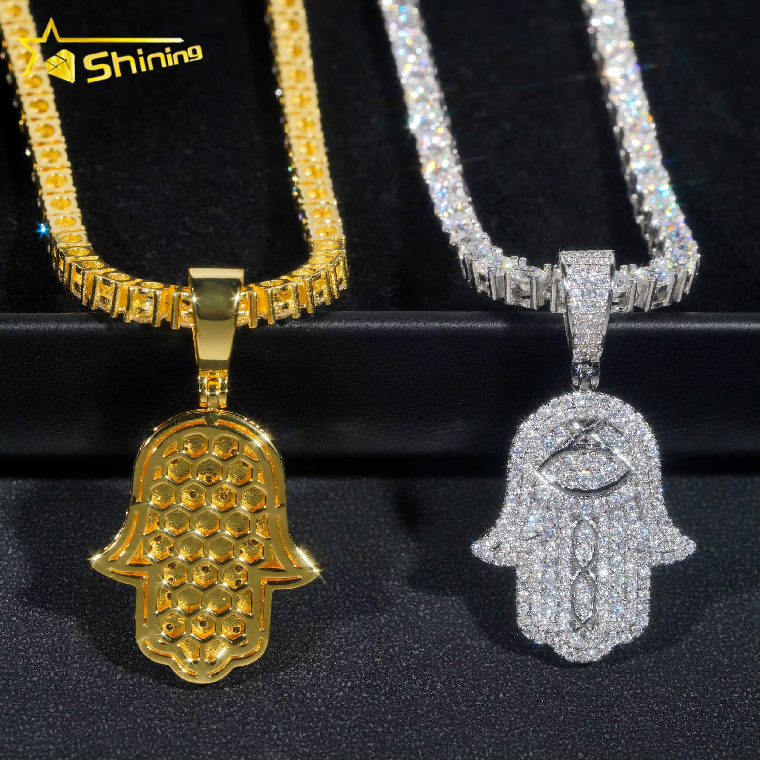 New Arrival Hip Hop Jewelry 18k Gold Plated Brass Pendants 5a Moissanite Diamond Hamsa Hand Charm Pendants with Tennis Chains