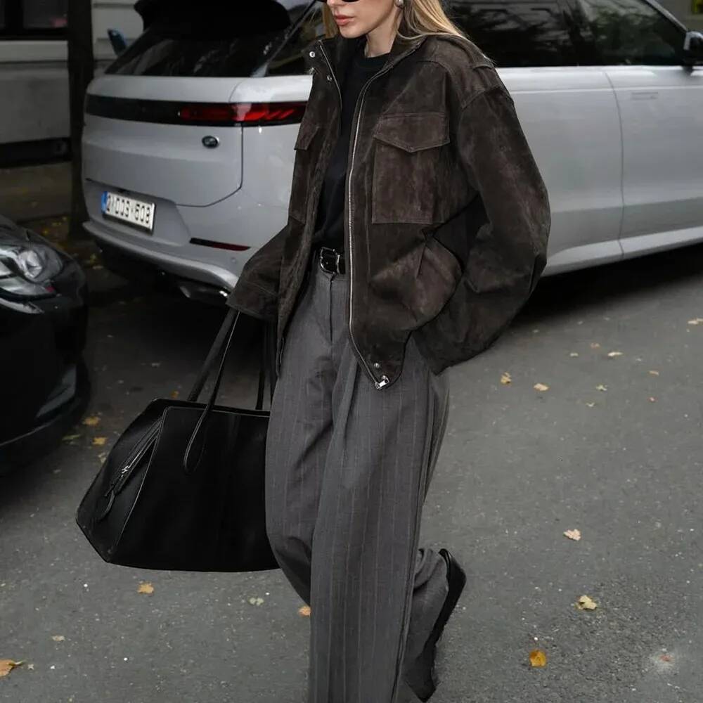 winter jacket women KONDALA Chic Suede Bomber Jackets Women Long Sleeve Pocket Straight Loose Coat Fashion 2025 Fall Winter Streetwear Outwear