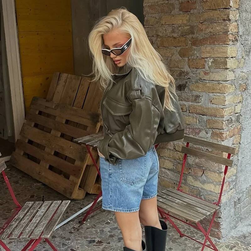 winter jacket women MUJER Faux Leather Cropped Bomber Demi-season Jackets for Long Sleeve Women's Coats Zip Overcoat Jacket Women