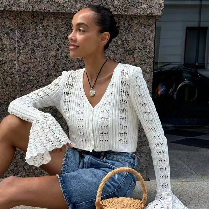 Trendix Summer Knit Long Sleeve Cardigan For Women V Neck Solid Bodycon Hollow Out Short Tops Party Club Slim Vacation Top Femme 251027