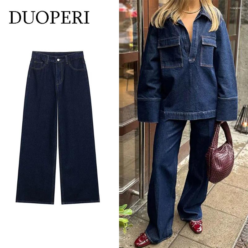 Women's Jeans DUOPERI Women Fashion Denim Navy Blue Straight Pant Casual High Waist Full Length Female Chic Lady Trousers Z260313