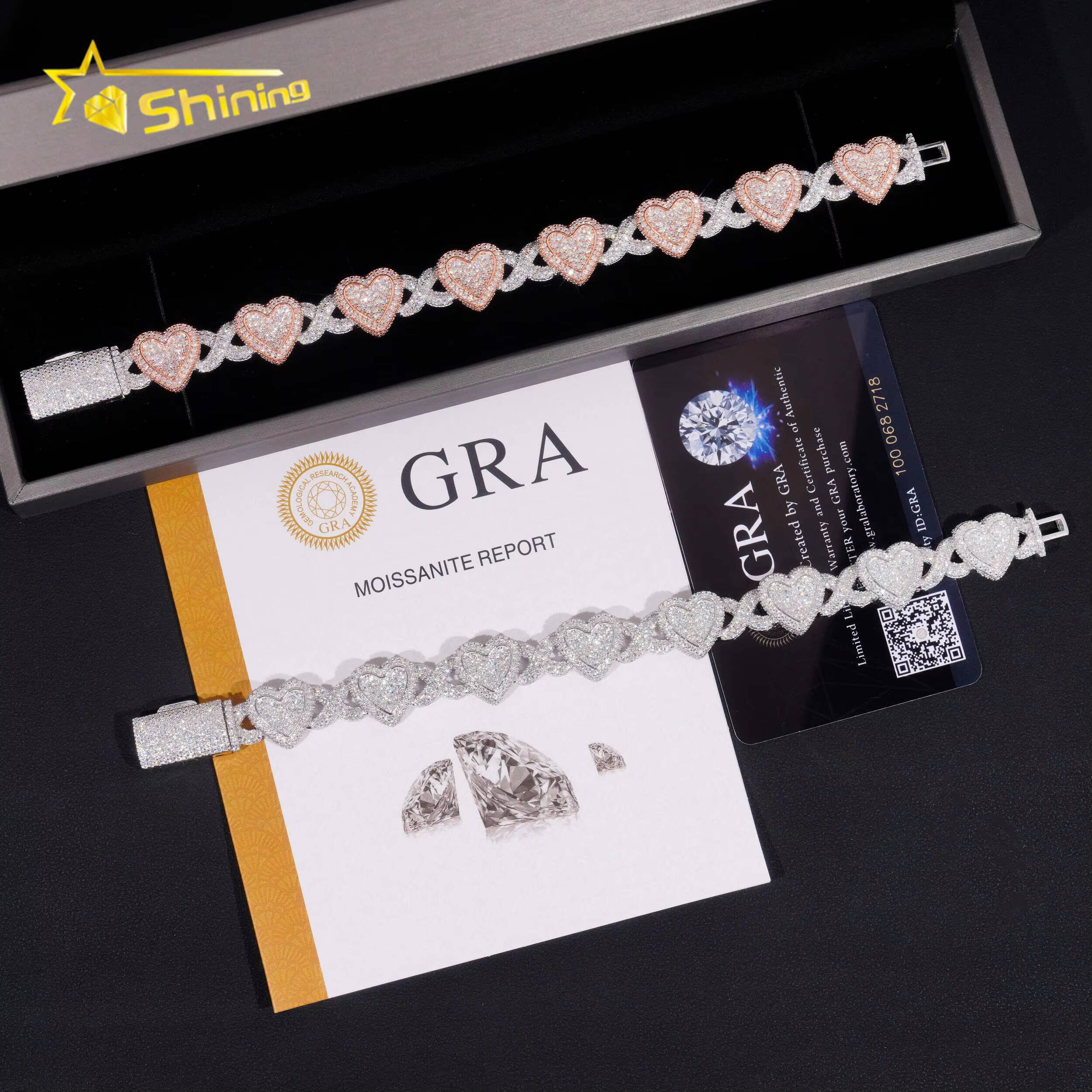 Heart Mixed Infinity Shape Mossanite Bracelet VVS Moissanite 925 Sterling Silver Ice Out Diamond Mossanite Cuban Link Chain