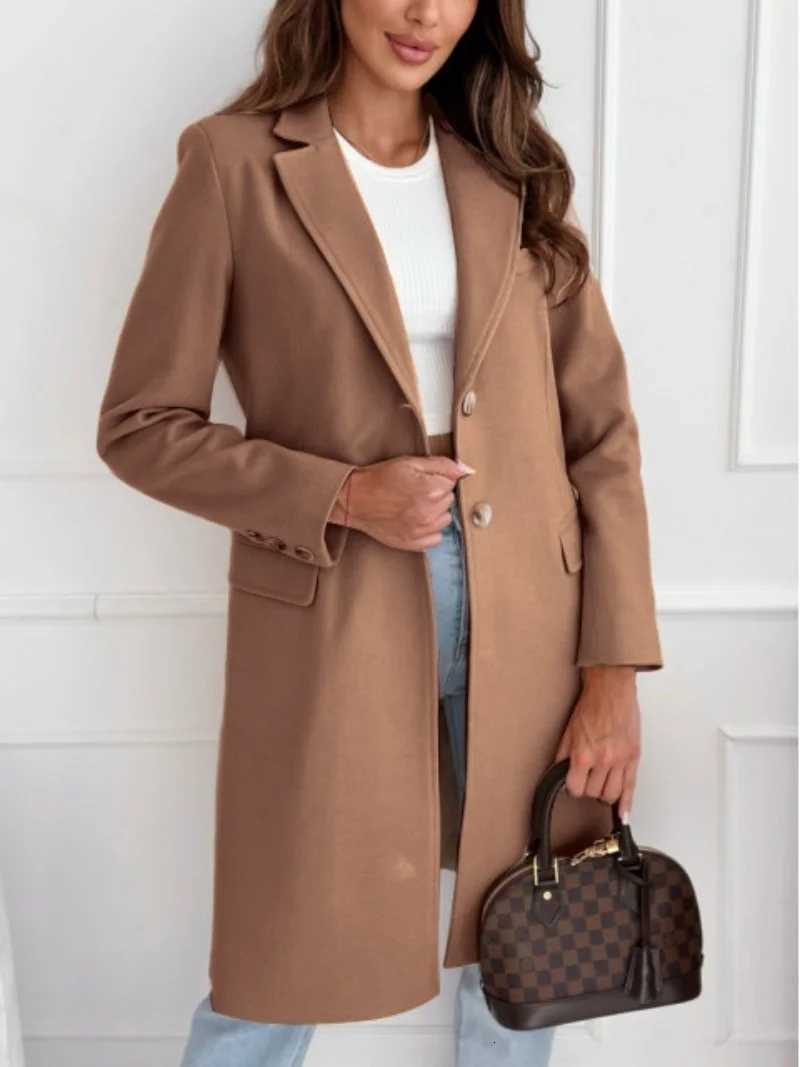 2024 popular autumn and winter simple solid colour medium and long button tweed coat women H251027