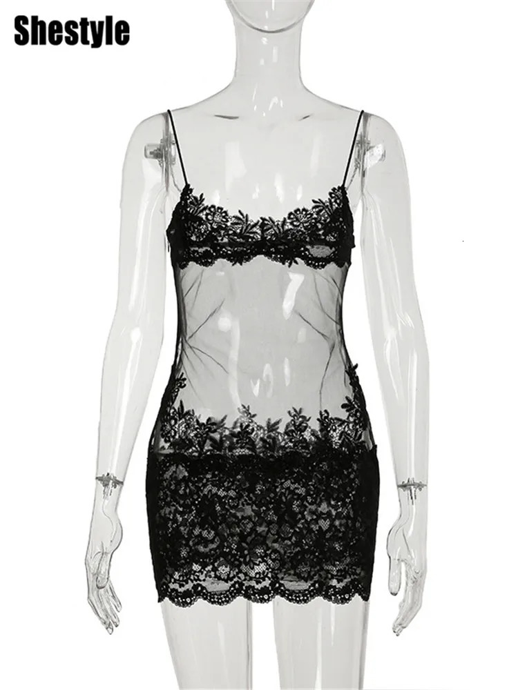 Shestyle Lace Transparent Mini Dress Sexy Women Wrapping Spaghetti Embroidery Flower Sheath Nightwear Club Mesh Wave Fantacy 251027