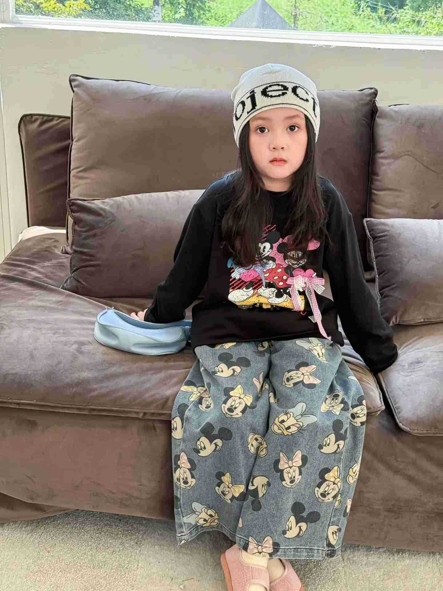 Disney Full Printed Cartoon Pattern Jeans For Girls Spring Autumn Elastic Waist Straight Leg Denim Pants Cute Minnie Trousers H251027