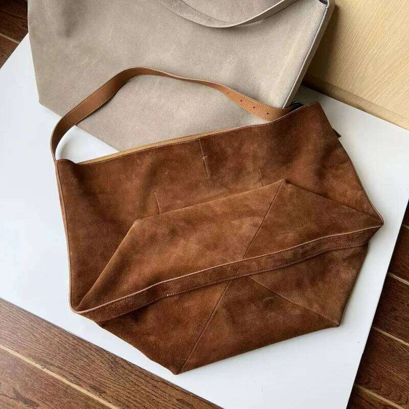 Designer Luxury Minimalist Vintage Suede Frosted Cowhide Bucket Genuine Leather Commuter Large Capacity Tote Bag Women