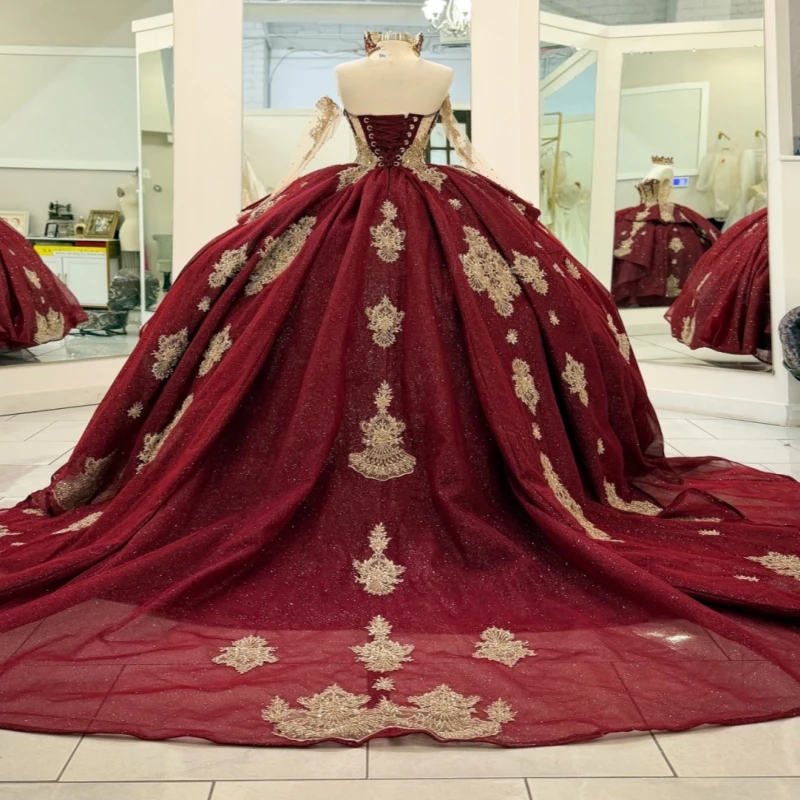 Red Shiny Quinceanera Dresses Off The Shoulder Gold Applique Lace Beading Crystal Corset Tull Party Birthday Sweet 16 Dress Vestidos 15 De anos