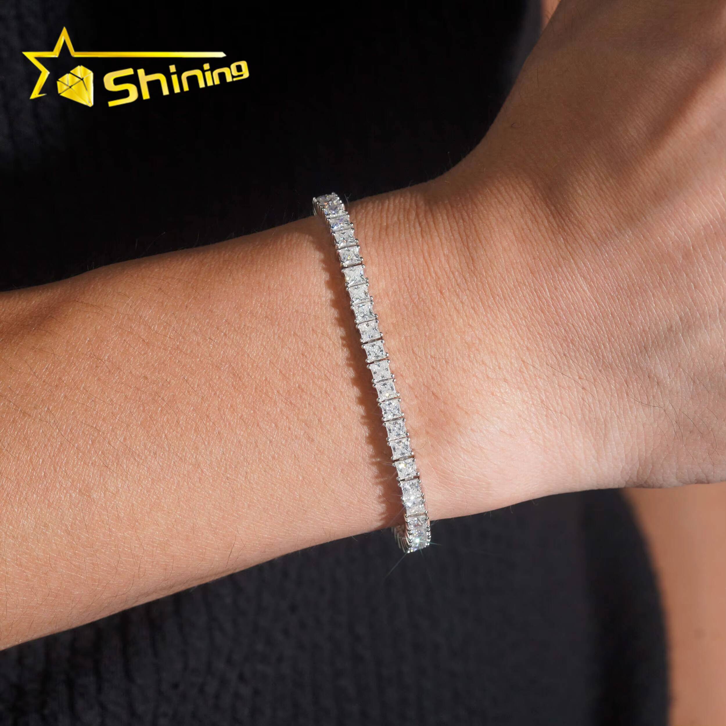 Classic Style Solid Silver 925 Hip Hop Jewelry Cuban Link Bracelet Iced Out Princess Cut 3mm Real Moissanite Tennis Bracelet