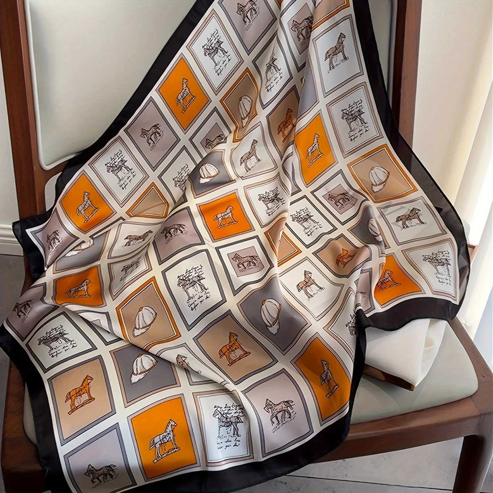Luxury Brand Grid Horse Print Square Scarf Simated Silk Satin Neck Scarf Stylish Sunscreen scarf For WenW251027
