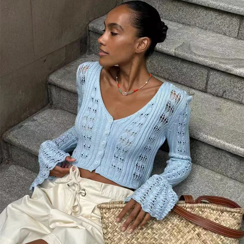 Trendix Summer Knit Long Sleeve Cardigan For Women V Neck Solid Bodycon Hollow Out Short Tops Party Club Slim Vacation Top Femme 251027