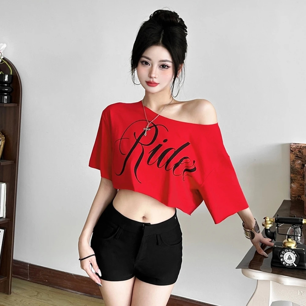 SylCue Letter Print Oversized Tshirt Women Skew Collar Short Sleeves Off Shoulders Irregular Hem Hiphop Style Trend Crop Tops 251027