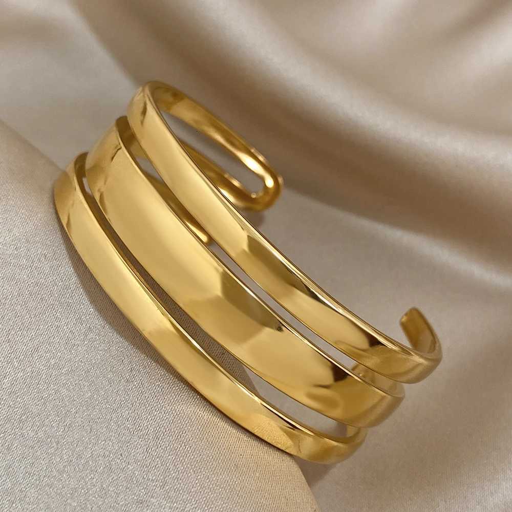 Simp Stainss Steel Gold Plated Chunky Cuff Bracet for Wen Waterproof Jewelry Exaggerated Glossy Smooth Wristband BangsW251027