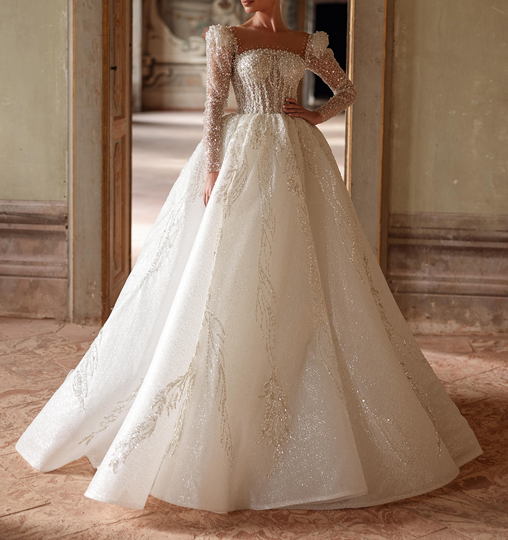 Elegant A Line Women Wedding Dress Sheer Neck Long Sleeves Bridal Gowns Sequins Pearls Sweep Train Dress Custom Made vestidos de novia