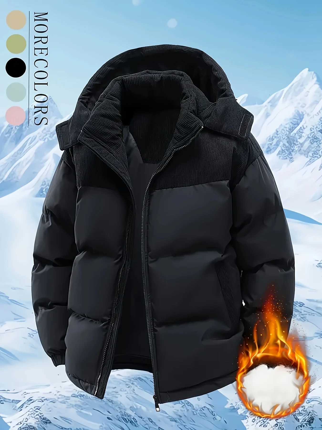 MenS Heavy-Duty Winter Jacket - Full-Zip Hooded Coat with Zippered Pockets Non-Stretch Fabric for Cold WeatherT251107