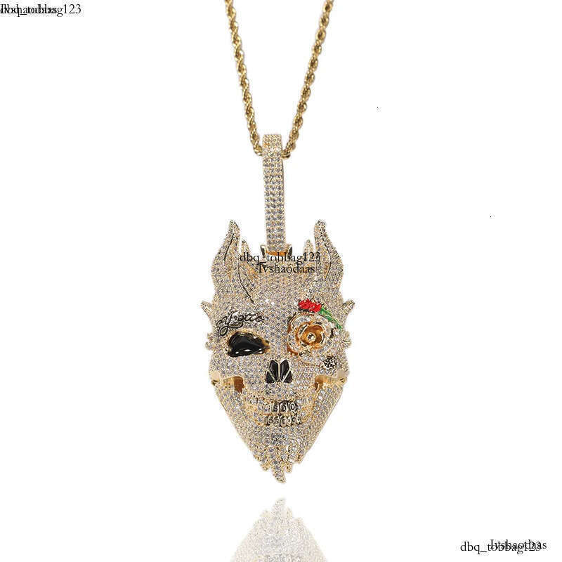 Iced Out Rose Skull Pendant Necklaces Mens Gold Necklace Fashion Punk Hip Hop Jewelry aaa