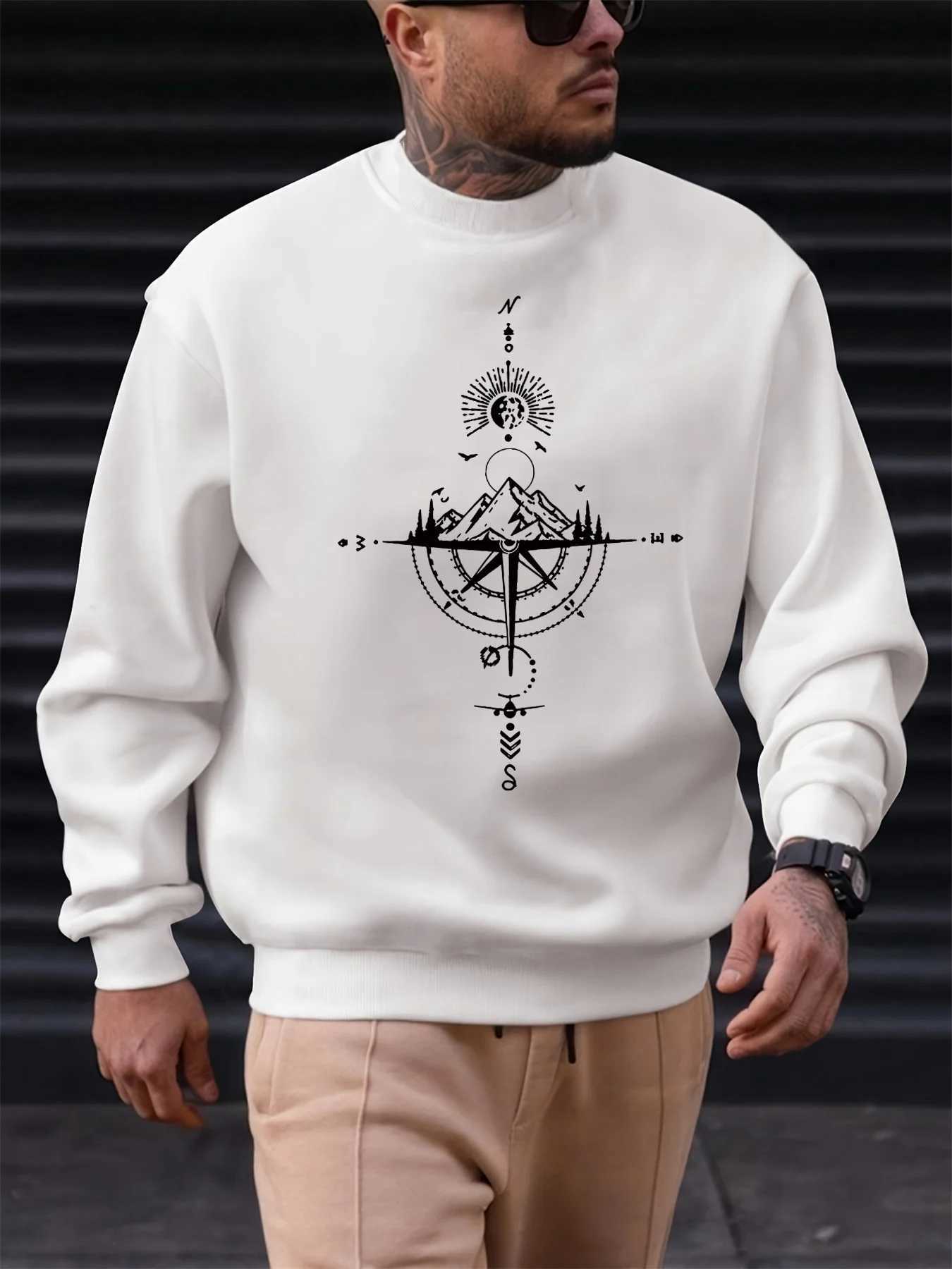 Mens autumn and winter fashionable casual loose compass and mountain graphic printed long sleeved round neck sweatshirt W251027
