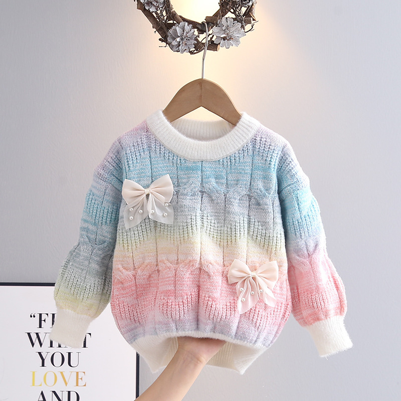 New Girl's Sweater Gradient Rainbow Thickened Wool Autumn/Winter Children's Knitted Sweater Designer Baby Girl Basic Shirt