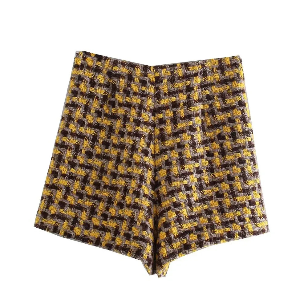 XEASY Women Tweed Twopiece Set Plaid Vintage Office Lady Double Breasted Blazer Female Slim High Waist Shorts Skirt Suit 251023