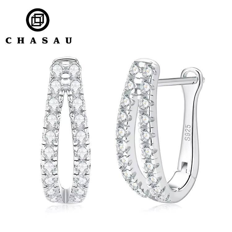 GRA Certificated 15mm 0015ct 40pcs Moissanite 925 Sterling Silver Hoop Double Row U Shape Hoop Earrings for Women