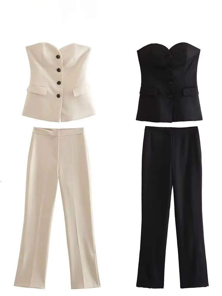 HH Women Elegant Solid Pant Suit Front Button Strapless Sexy Tank Tops Side Slit Trouser Female Fashion Streetwear Sets 251013