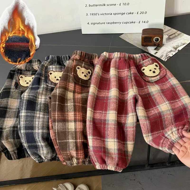 Winter Kids Fleece Lined Plaid Pants Thickened Warm Stylish Unisex Baby Trousers Casual Comfortable Long PantsT251027