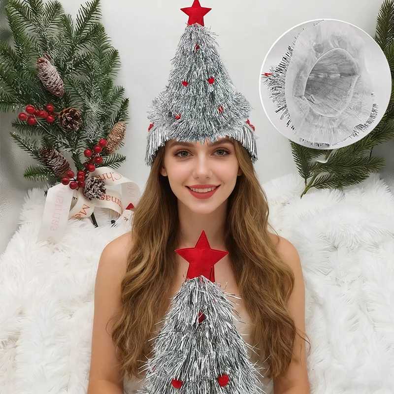 Christmas Tree Hats Fabric Rain Silk Hat for Adults Kids Funny Santa Hat with Tinsel Xmas Holiday Party Costume New Year DecorW251027