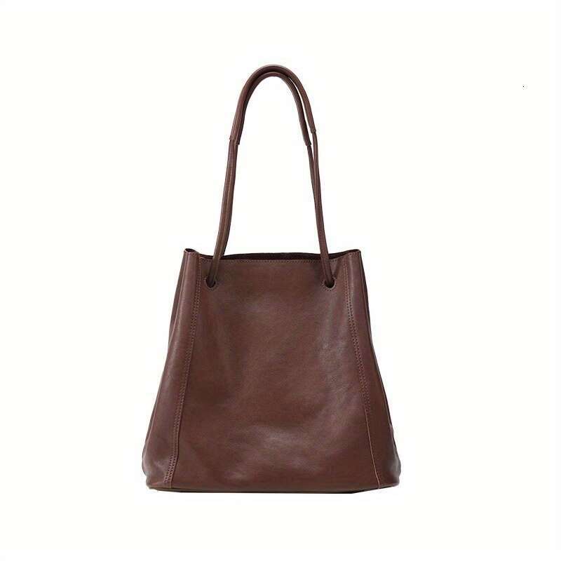 Stylish Women's Genuine Leather Bucket Bag - Large Capacity Retro Solid Color & Shoulder Handbag With Zipper Closure, Perfect For Work And Outdoo