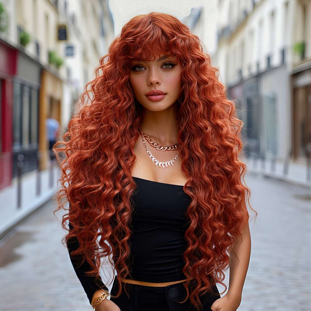 Costume Long Deep Orange Brown With Bangs High Density Fluffy Curly Wave Wig Heat Resistant Synthetic For Women Daily Party Use Music Festival Hallowe