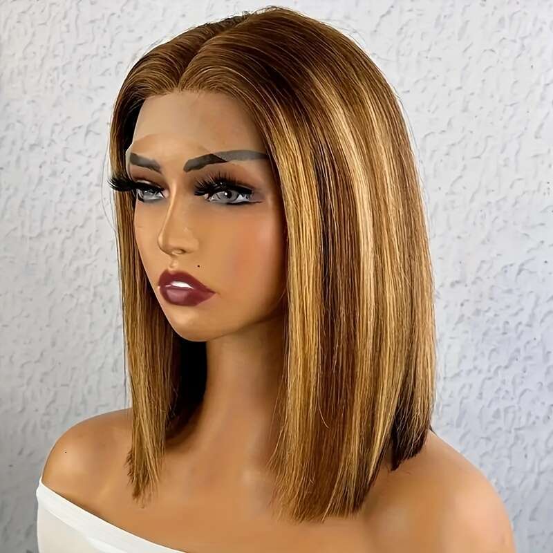200% Density Glueless Closure With Baby Straight Bob 5X1 HD Lace Wigs Mixed Brown & Blonde Human Hair Bleached Invisible Bye Knots Wig Pre Plucked