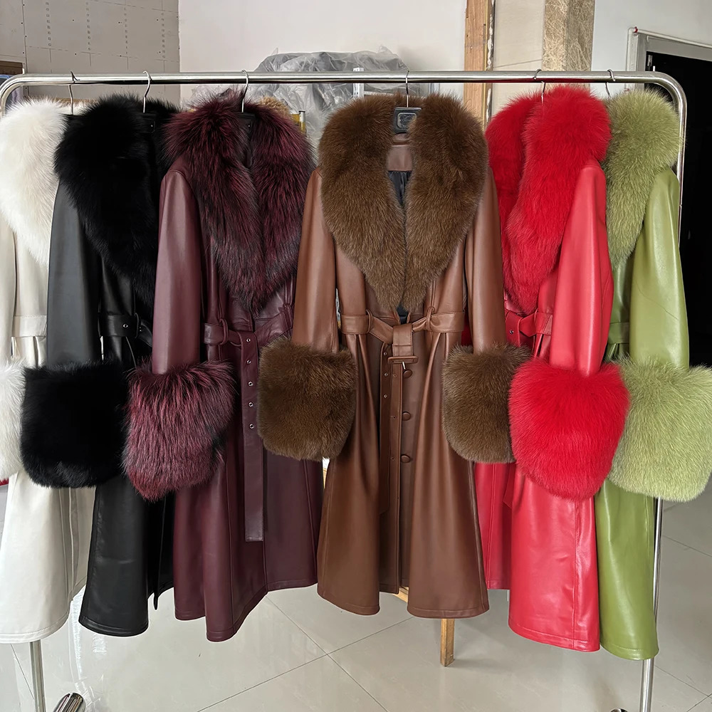 YOLOAgain Plus Size Jacket Coats Detachable Real Fox Fur Collar Cuffs Genuine Leather Coat Long Women 251027