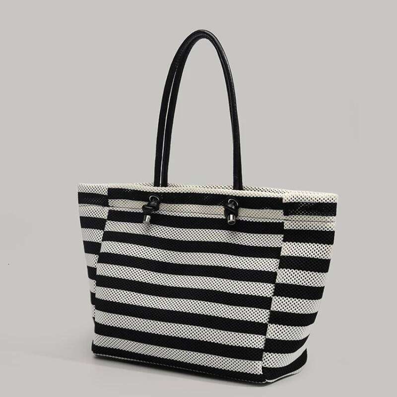 Hand-Woven Black White Striped Tote Women's Lazy Style Large Capacity Vacation Travel Shopper Shoulder Bag Commuter 251027
