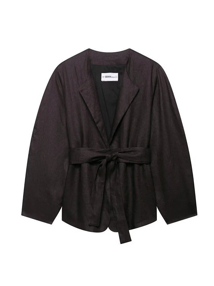 TFMLN Womens Solid Pant Two Piece Round Collar Long Sleeve Open Coat With Belt High Waist Pants Women Autumn Clothing 251027