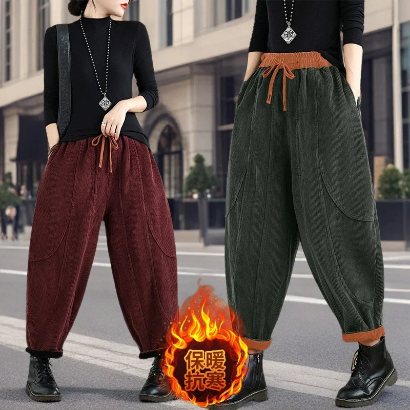 Corduroy Bloomers Women Loose Harlan Elastic Waist Warm Retro Trousers Autumn Winter Fashion Big Pocket WideLeg Pants 251027