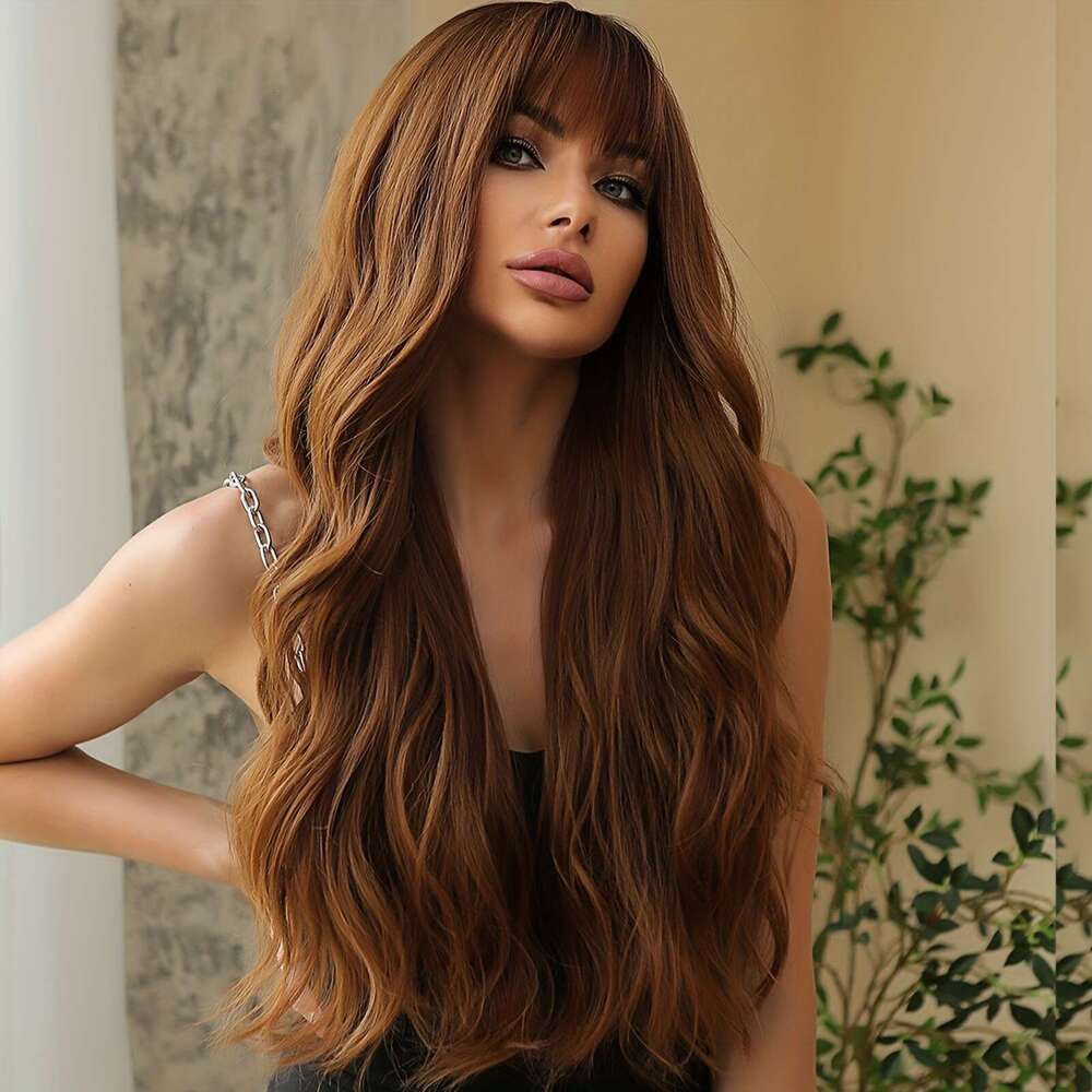 28 Inch Reddish Brown Long Curly Wavy With Bangs Synthetic Body Wave Wigs Women For Daily Costume Party Cosplay Use