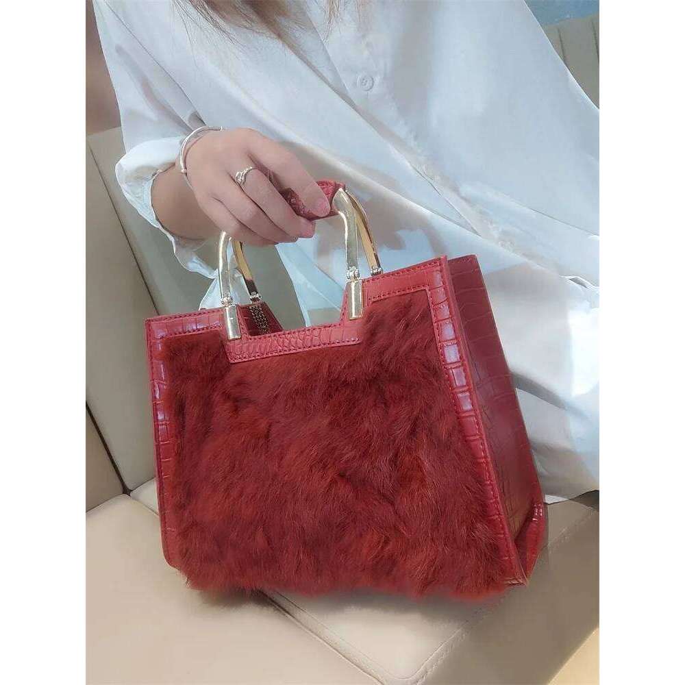 Genuine Leather Women's Handbags Fashion Real Rabbit Hair Single Shoulder Messenger Bag Large Capacity Portable Tote Bags